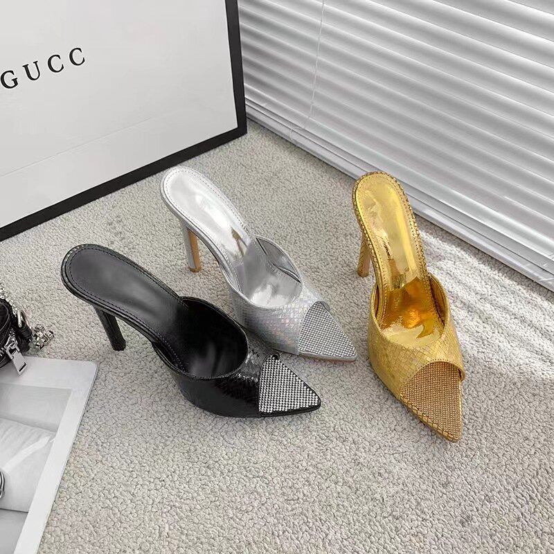 Женские сандалии со змеиным принтом, элегантные туфли на тонком каблуке, с заостренным носком, с украшением в виде кристаллов, обувь для стриптиза, лето