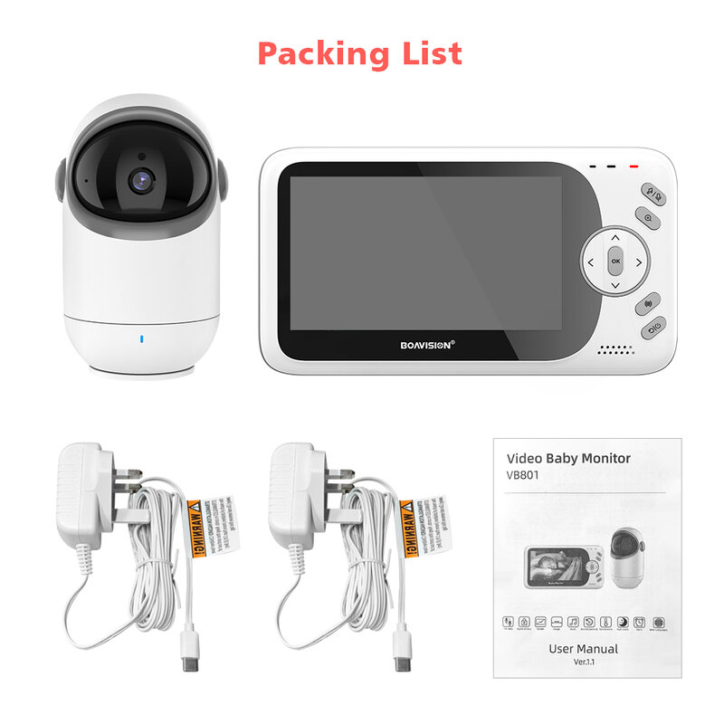 Babyphone vidéo sans fil, 4.3 pouces, avec caméra Pan/Tilt, 2.4G, Audio bidirectionnel, Vision nocturne, sécurité, Babysitter, VB801