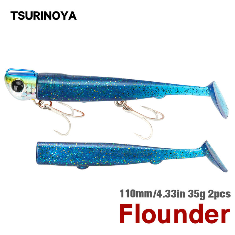 TSURINOYA Jig Head Long Casting T Tail Soft Lure Set 110mm 35g 2pcs Lure Body Seabass Flounder Saltwater Sinking Fishing Lure