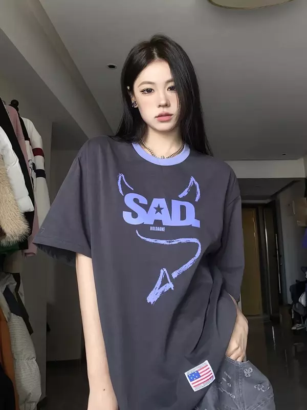 Harajuku Demon Wing T shirt Women Loose Short Sleeve High Street Y2k Top Goth Couples Oversized Graphic T Shirts Women Clothes