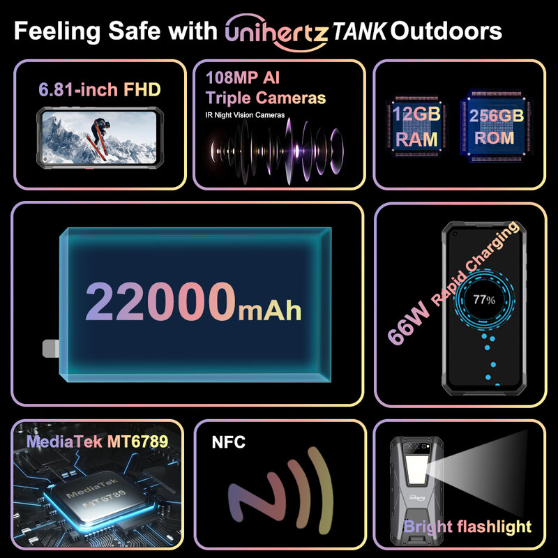 Unihertz خزان بطارية أكبر وعرة الهاتف الذكي 22000mAh للرؤية الليلية 108MP G99 12GB 256GB أندرويد 12 مقفلة الهاتف المحمول