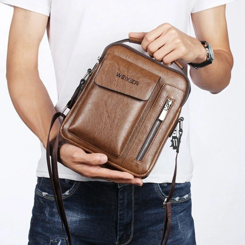 2 Pcs Weixier Vintage Messenger Bag Pu Leather Crossbody Bags For Men Bags Retro Zipper(Light Brown & Dark Brown)