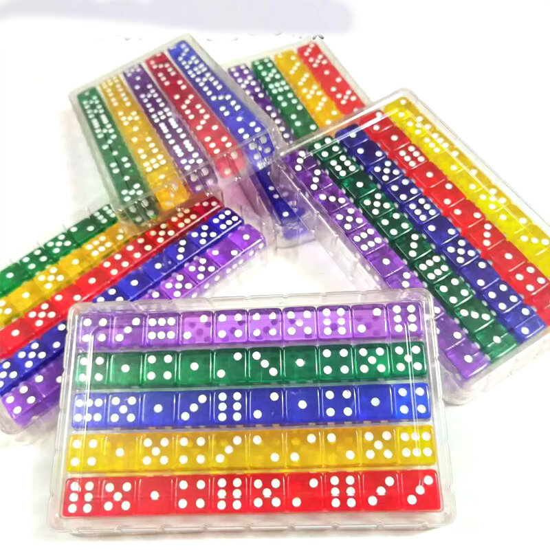 50PCS Dados com caixa de 5 cores 16mm canto quadrado transparente cor dados ângulo direito acrílico ponto dados transparentes para o jogo de tabuleiro