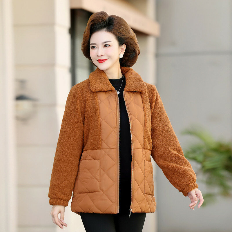 Mother Winter Women Fur Lambswool Polar Fleece Plus Velvet Cotton short Jacket Coat Lapel Overcoat Female Outerwear