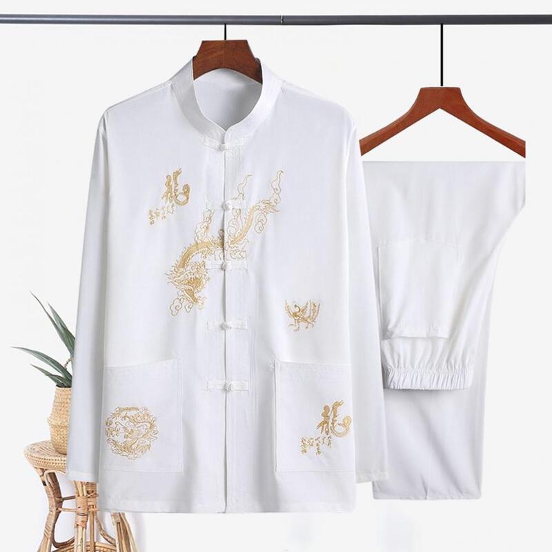 Tang Suit Outfit Men's Chinese Traditional Tai Chi Uniform Set with Stand Collar Disc Buckle Shirt Elastic Waist for Breathable
