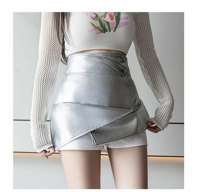Асимметричная Женская юбка из искусственной кожи с запахом, новинка 2024, черная трапециевидная Сексуальная мини-юбка с высокой талией