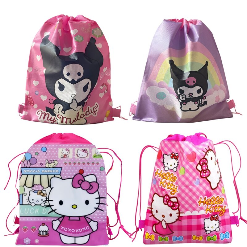 Bolsa de hello kitty con cordón, paquete no tejido, bolsillo de almacenamiento, bolsa de viaje, bolsa de compras de tela, mochila, suministros de fiesta para niñas