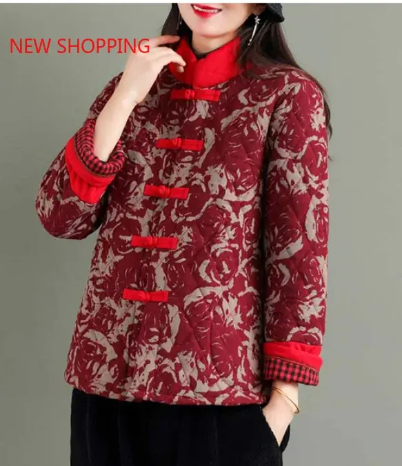 Abrigo de algodón Retro para mujer, Parka con estampado de flores, estilo étnico Vintage, Tops Qipao, chaquetas elegantes Hanfu para invierno