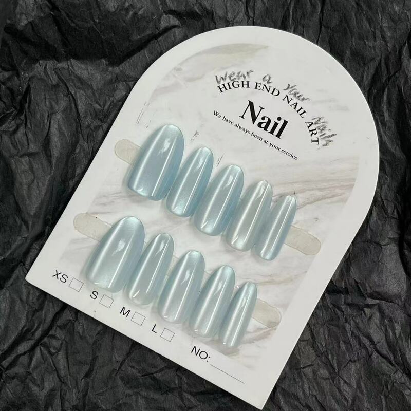 10PCS Press on Nail Almond Fake Nails Shiny Ice Blue Cat Eye Korean Design Ballet False Wearable Artificial Art Nail Tips