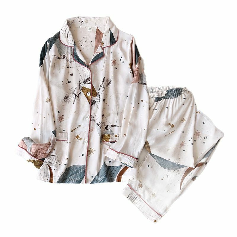 2022 여름 여성 100% Viscose pyjama Turndown Collar 2pcs 인쇄 Sleepwear 긴 소매 Loungewear Button PJ Set Home Suit