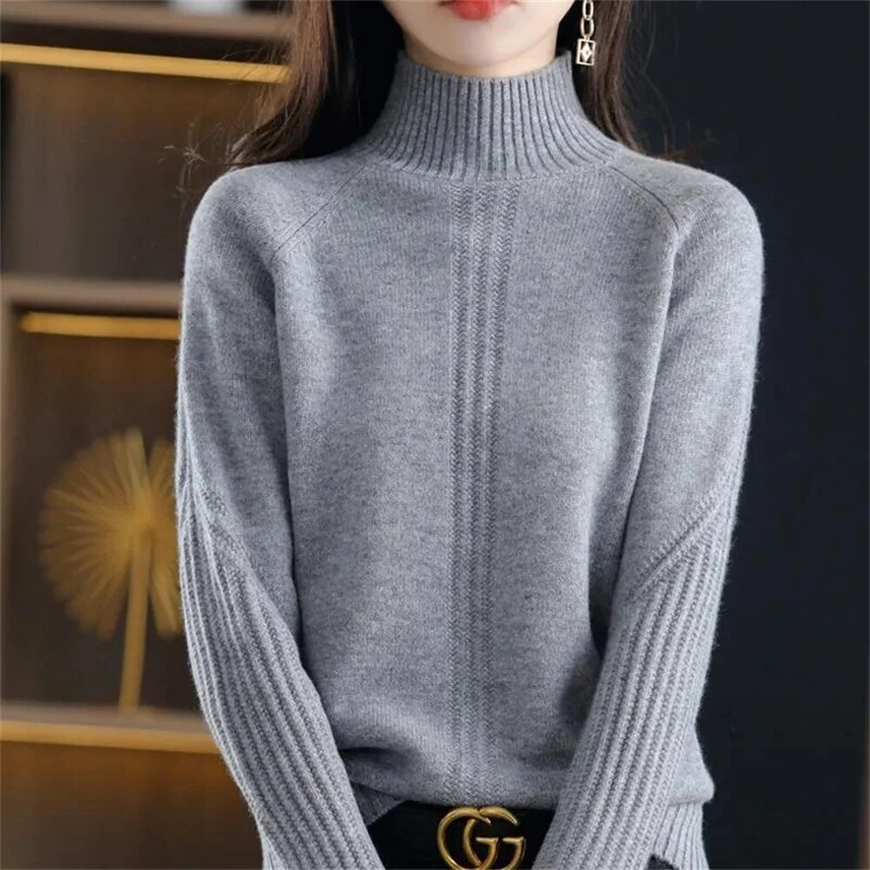 Suéter grueso de cuello alto para mujer, ropa interior de punto holgada, gris, rayas lisas, otoño e invierno, 2023