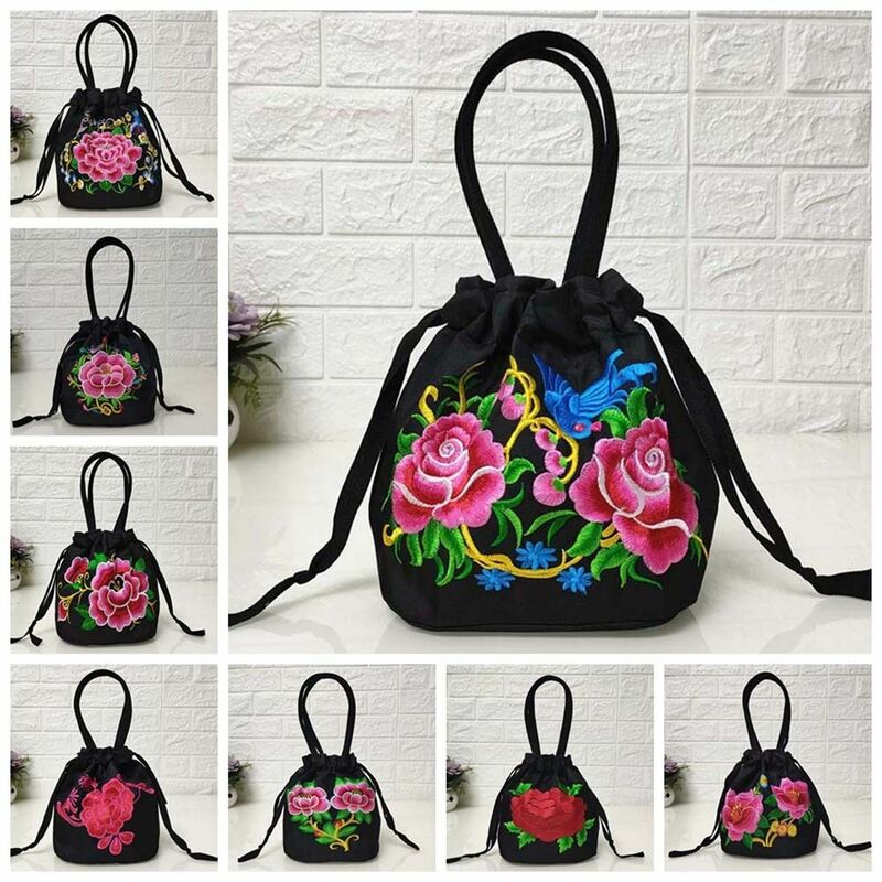 Hanfu Drawstrings Bag para a mamãe, flor rosa, seda cetim, bolsa pequena, carteira, armazenamento coreano, flor bordada, telefone