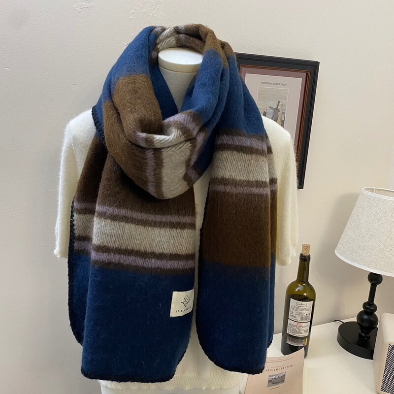 Полосатый шарф, женский зимний пушистый мягкий восковой новый шарф, подходящий по краю, теплый, плотный шарф для шеи двойного использования
