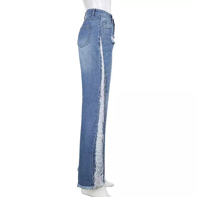 Skinny Y2K jins melebar lubang Vintage robek celana Denim Wanita Mode Musim Semi 2024 wanita pinggang tinggi celana Harajuku Capris