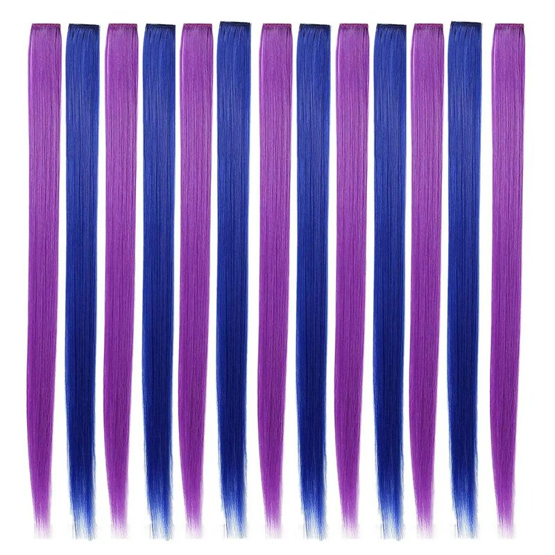 13 szt. Kolorowe kolorowe włosy doczepiane Clip in imprezowe 55cm proste syntetyczne treski, fioletowe + niebieskie
