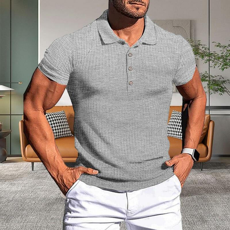 Men Sport Top Solid Color Lapel Button Slim Fit Pullover Workout Elastic Strip Breathable Short Sleeve Summer Shirt Male Clothes