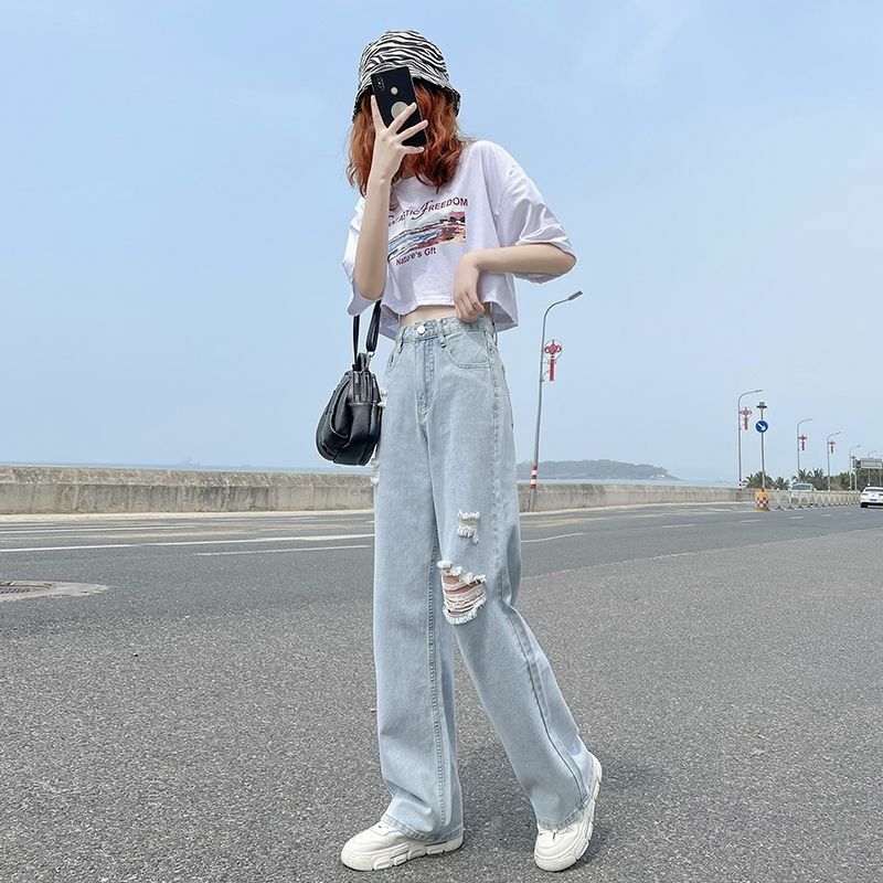 Distressed Jeans for Women's 2024 Spring/summer Korean Version New High Waisted Slimming Straight Leg Loose Leg Pants