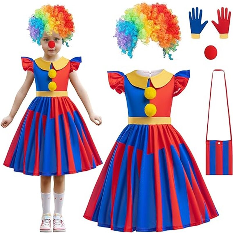Disfraz de Pomni de circo Digital para niños, vestido y peluca para niñas, Halloween, Carnaval, Festival, mascarada, ropa de fiesta de cumpleaños
