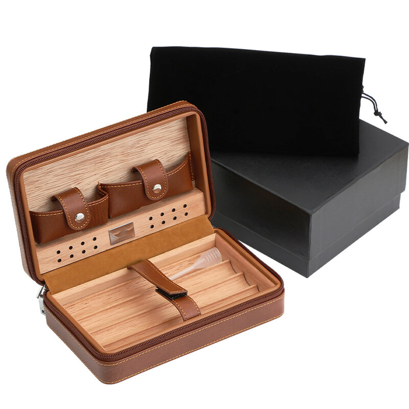 Humidificador de madera de cedro para cigarros, humidificador de viaje de cuero con cortador de mechero, caja de accesorios para cigarros