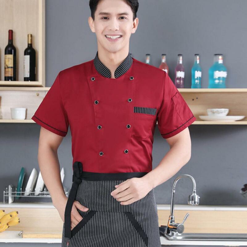 스탠드 칼라 반팔 더블 브레스트 패치 포켓 요리사 유니폼, 여성 남성 서비스 베이커리 통기성 요리사 셔츠 작업복