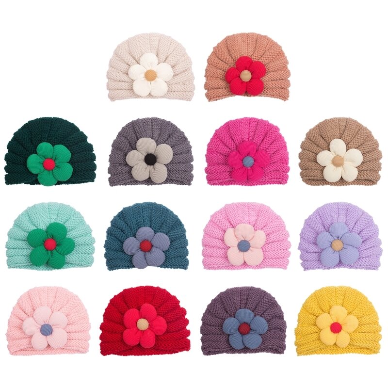 Beanie Soft Warm Bonnet Solid Headwear with Flower Decor for Cold Weather