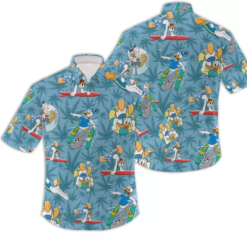 Donald Duck Hawaiian Shirts Men's Short Sleeve Tops Disney Hawaiian Shirt Casual Beach Short Sleeve Vintage Button Down Shirt