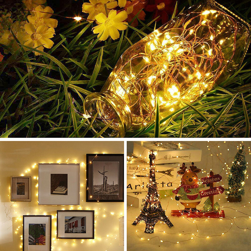 Cadena de luces LED alimentada por batería, guirnalda de alambre de cobre, luces de hadas para fiesta de Navidad, boda, decoración de vacaciones, iluminación, 1/5M