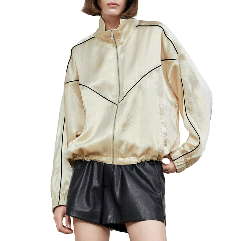 Casaco de zíper manga comprida feminino com bolsos, jaqueta leve, gola lapela, guarnição contrastante, outwear, moda outono