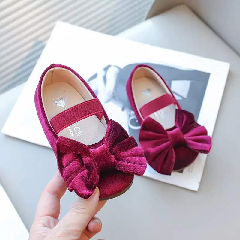 New Children's Flats Retro Style Bowtie Ballet Flats for Girls Princess Fashion Solid Color Kids Causal Dress Shoes Elastic Band