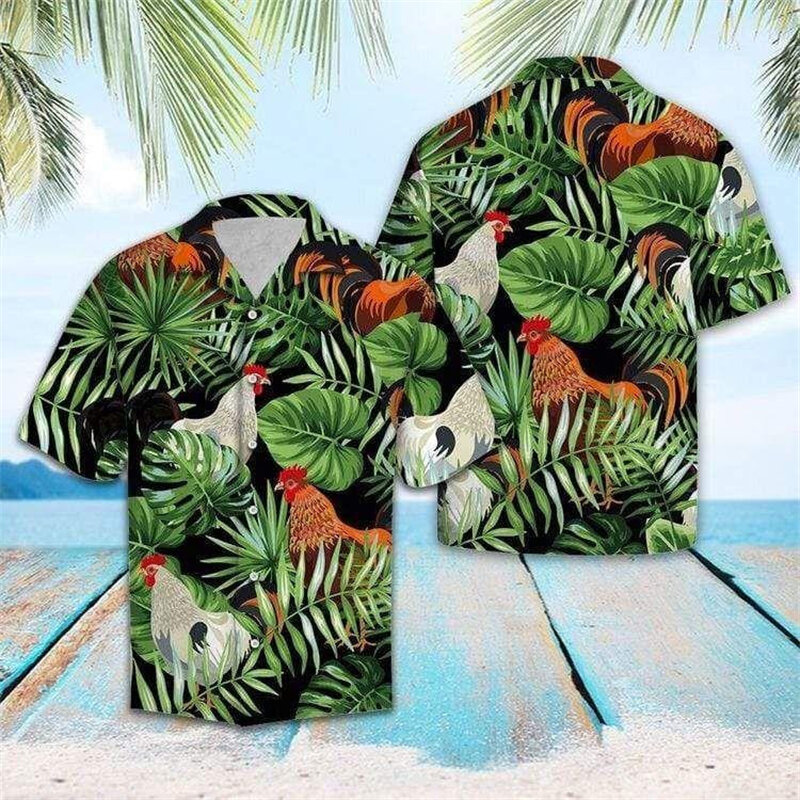 남성용 루즈한 통기성 3D 프린트 치킨 셔츠, 해변 하와이 상의, 반팔, 트렌디하고 멋진 패션, 여름