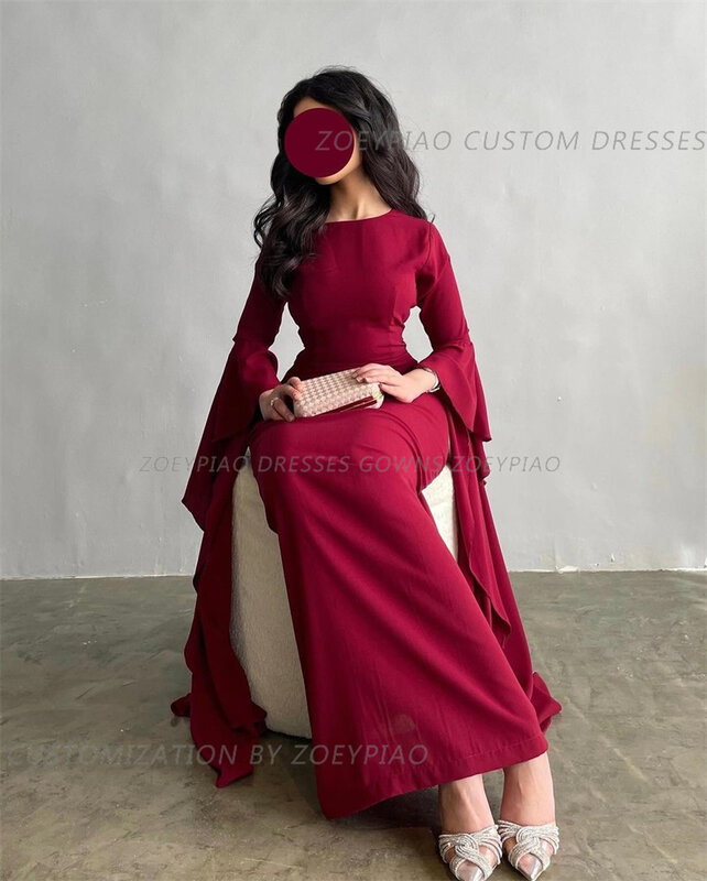 Red Simple Long Evening Dresses O Neck Full Sleeves Prom Dresses Ankle Length فستان حفلات الزفاف Stain Formal Occasion Dress