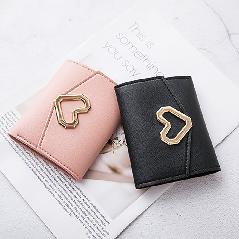 Krótkie portfele damskie w kształcie serca śliczny portfel damski PU skóra szczupła prosta torebka damska