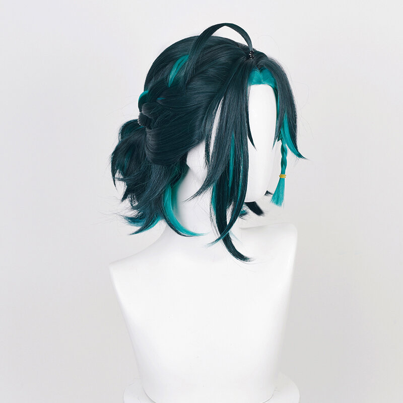 Xiao Short Synthetic Cosplay Wig, Trança Verde Mista, Resistente ao Calor, Peruca Anime, Boné, 35cm