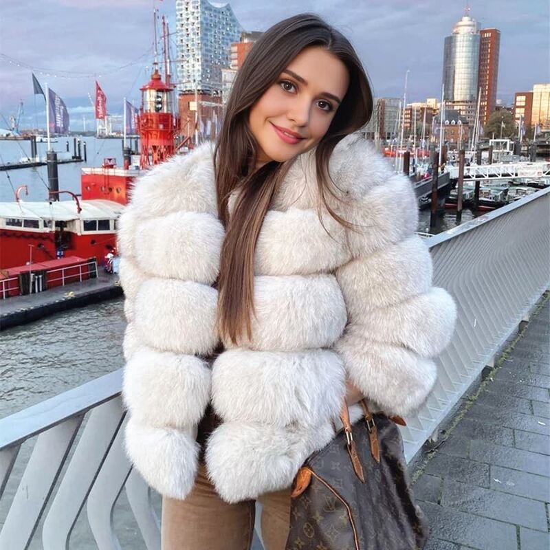 QUEENTINA casaco de pele de raposa para mulheres, casaco branco natural curto, linha cruzada redonda, pele inteira, tamanho grande, moda nova, outono e inverno
