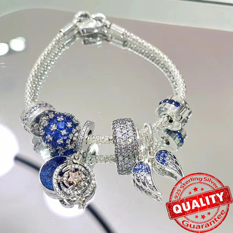 Breloques en argent regardé 925 pour femme, série bleue, galAct, cœur bleu, Everver, perle de bricolage, convient au bracelet Pandora, original