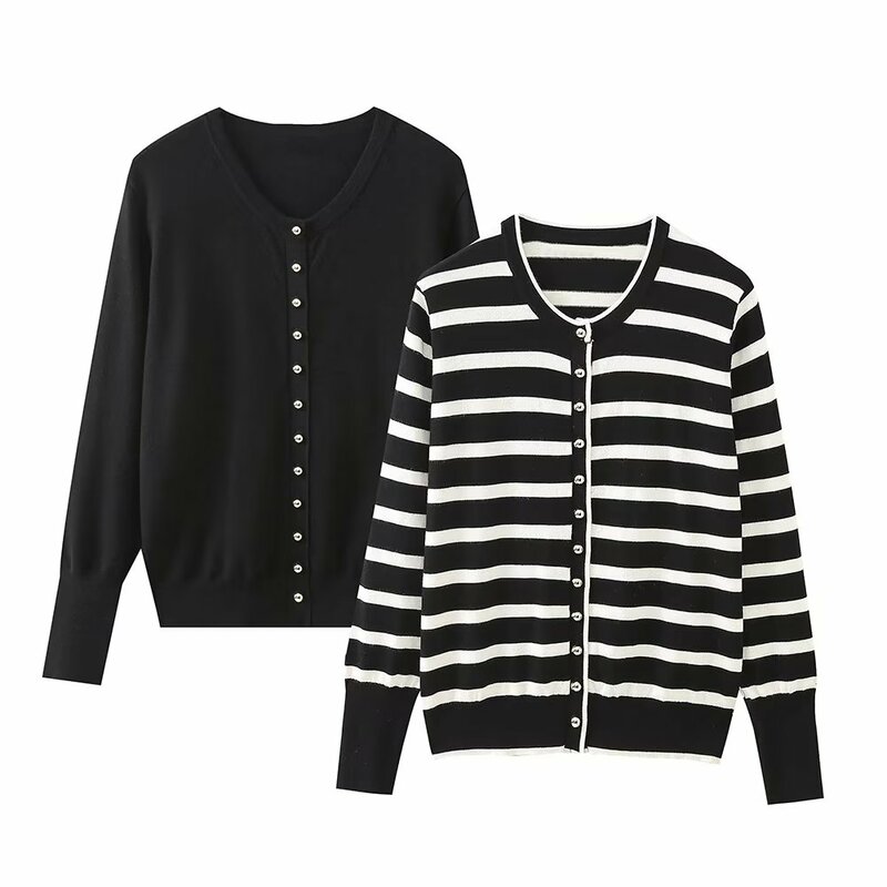 Women New Fashion Single Breasted decoration Elastic slim Striped Knitted Coat Vintage Long Sleeve Female Outerwear Chic Tops