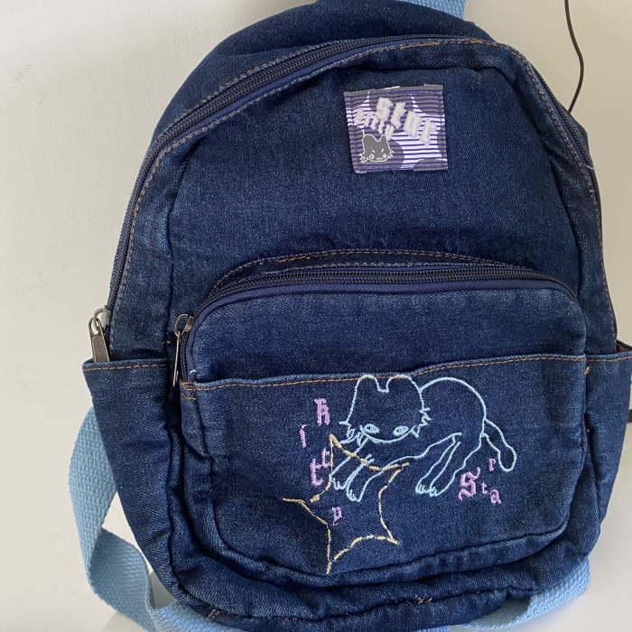 اليابانية بسيطة Kawaii القط على ظهره ، حقيبة يد الدنيم ، حقائب الكتف سعة كبيرة ، حقيبة مدرسية الطالب ، لطيف المرأة على ظهره