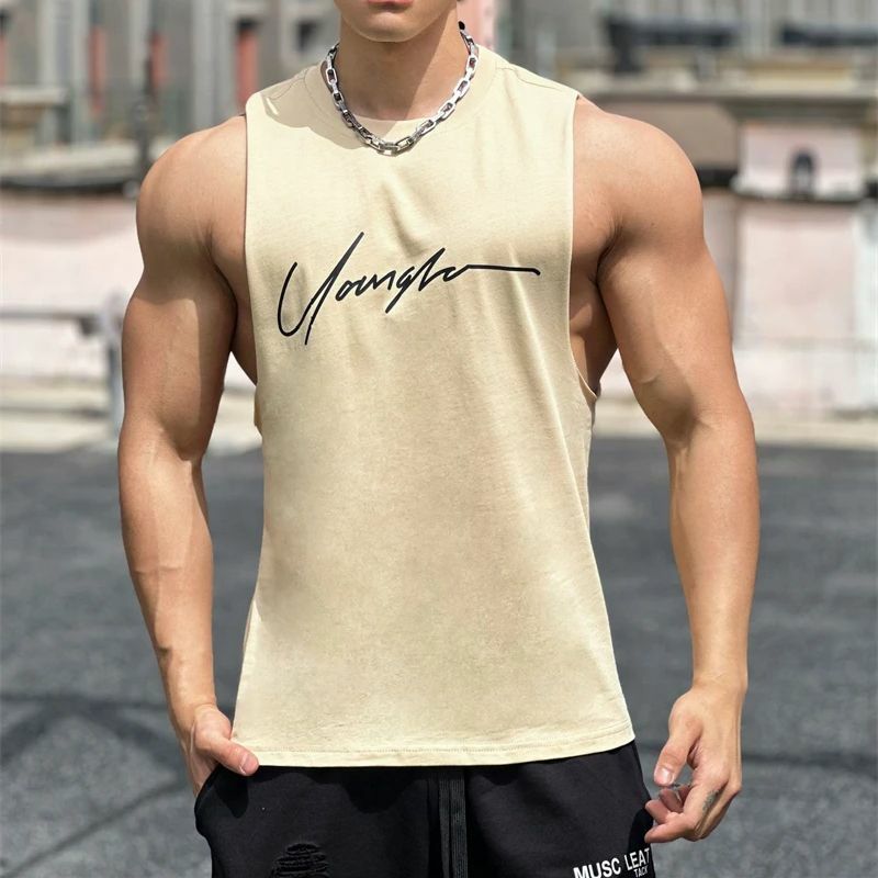 Camiseta sin mangas de algodón para hombre, ropa de calle informal deportiva, top con hombros anchos y cuello redondo, ropa sin mangas