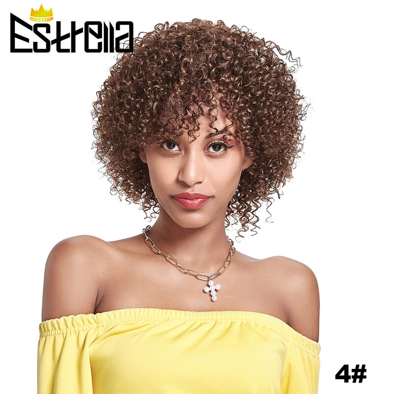 Pelucas de cabello humano liso con flequillo para mujer negra, pelucas de cabello humano brasileño sin pegamento, marrón, hecho a máquina