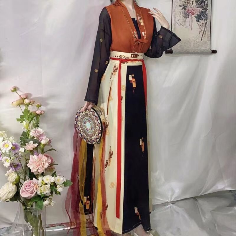 Gaun Hanfu Cina, kostum Cosplay peri Karnaval Wanita, Set kostum tari Cina Tradisional Hitam Hijau kuno