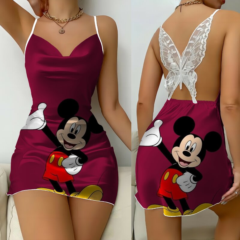 Vestido de satén con espalda descubierta para mujer, minivestido Sexy de Mickey y Minnie Mouse con lazo de Disney, falda de pijama a la moda para fiesta de verano, 2024