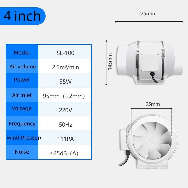 Вытяжной вентилятор 4/5 дюйма, 220 В, встроенный вентилятор для труб, настенный вентилятор для кухни, туалета