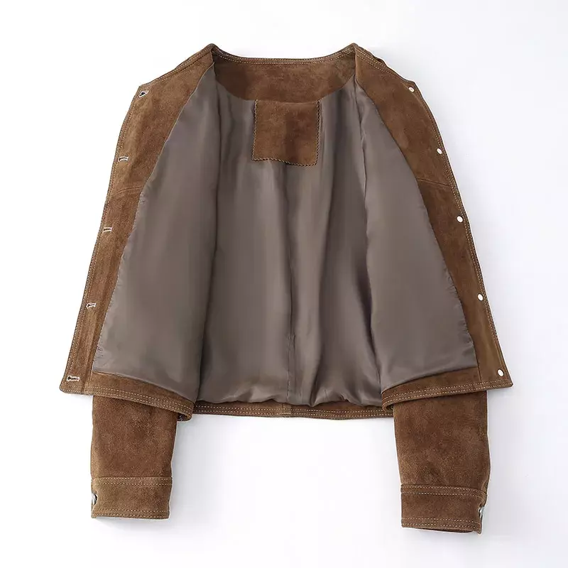 Jaket Suede kulit pendek wanita, jaket Suede kerah Lapel lengan panjang kancing depan potongan Vintage untuk perempuan