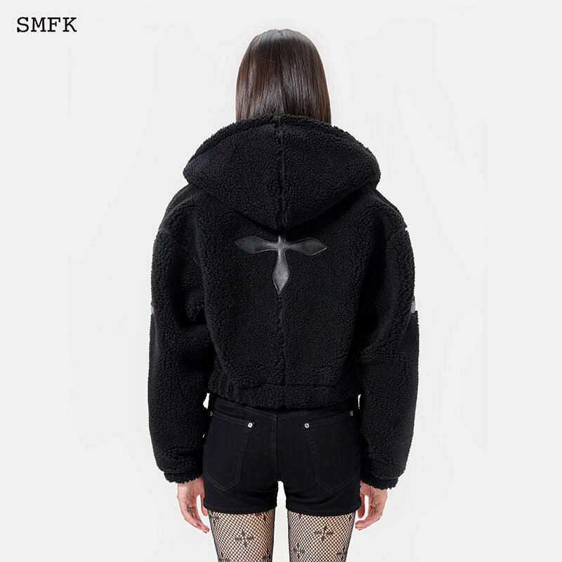 SMFK-Sudadera con capucha de lana de cordero hecha a mano para mujer, Chaqueta corta de Cachemira con capucha y cremallera, abrigo corto de lana gruesa, CF002BS