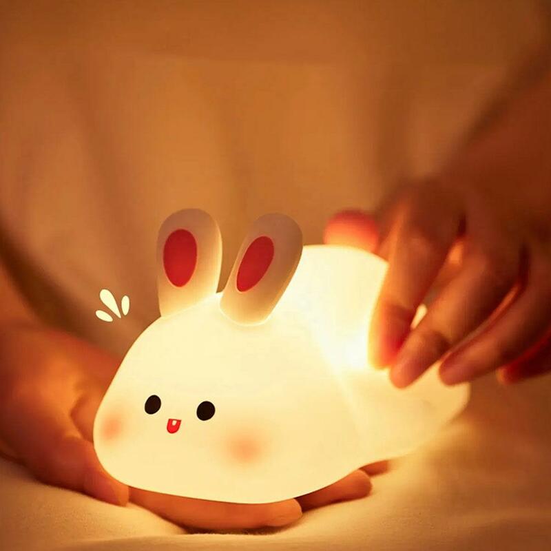 Recarregável Rabbit Night Light, LED Clap Lights, Dimmable, 7 Cores, Silicone Pat Table Lamp for Kids, Baby Bedroom Lamp, D K8D3