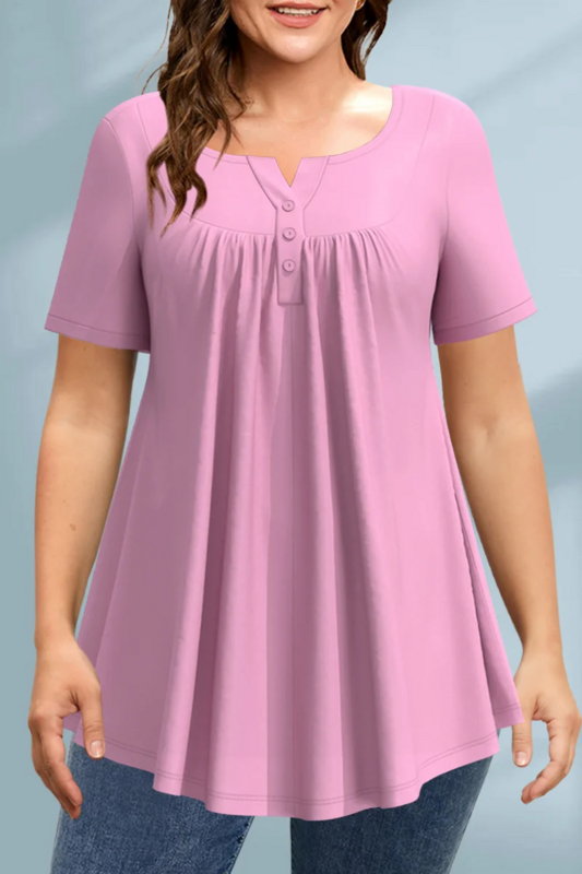 Женская летняя однотонная Повседневная плиссированная футболка с круглым вырезом и декоративными пуговицами