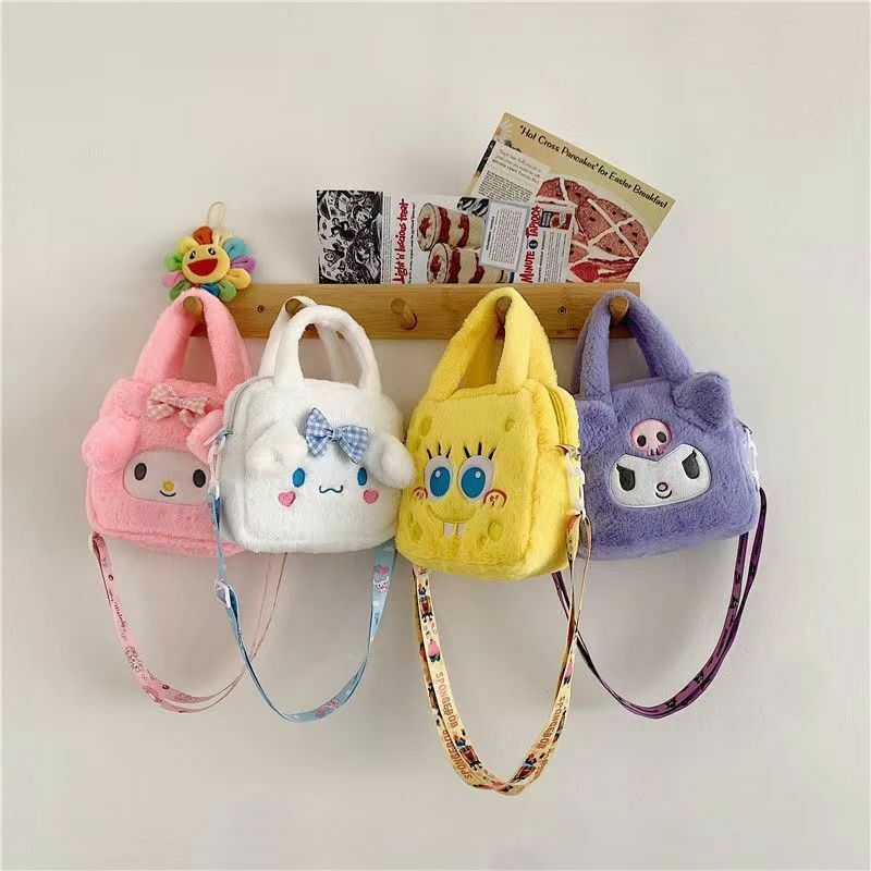 Kawaii Sanrio Plush Crossbody Bag Kuromi Cinnamoroll My Melody Spongebob Girl Cute Plush Toys Cartoon Bag Kids Christmas Gift