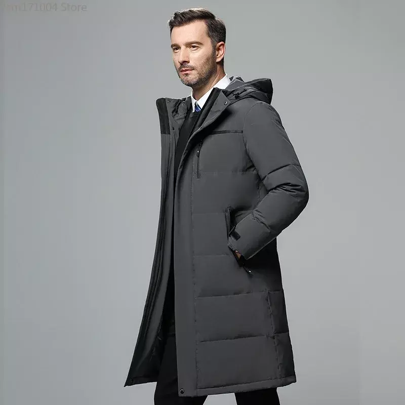 Мужской пуховик, толстая теплая водонепроницаемая куртка средней длины с капюшоном из 80% белого утиного пуха, парка на застежке 5XL, зимняя пуховая куртка, хлопковая куртка