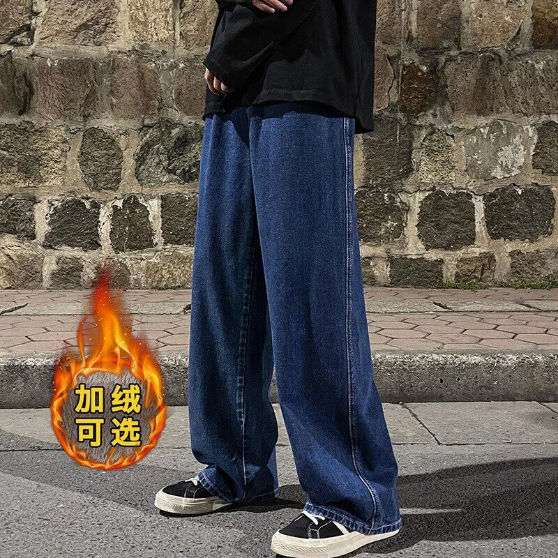 Jeans larghi a gamba larga da uomo in pile invernale addensare moda calda Streetwear vita elastica oversize pantaloni in Denim dritto nero