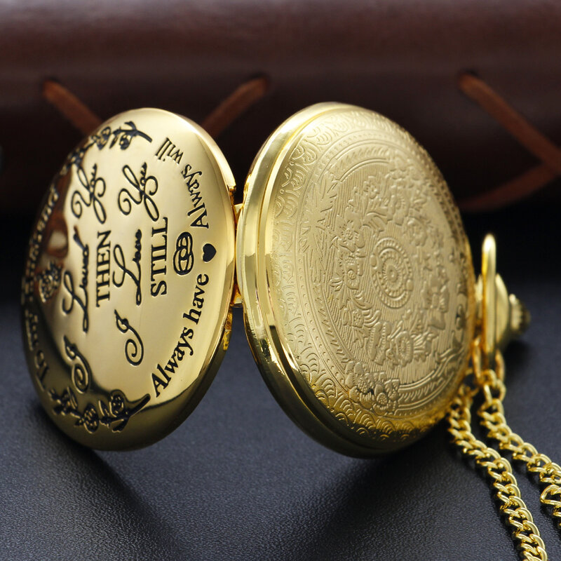 Luxury Gold My Husband 3D Embossed Quartz Pocket Watch Necklace Pendant Fob Chain Vintage Steam Punk Pocket Watch Christmas Gift